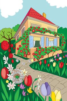 Illustration of a country house in the middle of a spring garden, hand drawn colored composition