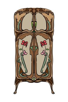 1900 style wardrobe with floral ornaments, hand drawn colored illustration isolated on white