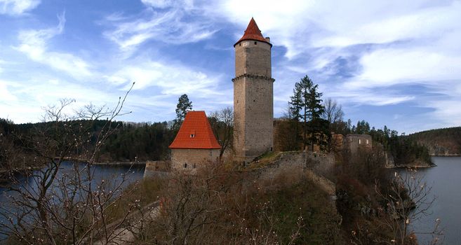 Medieval castle Zvikov in the Czech Republic with round tower and river 