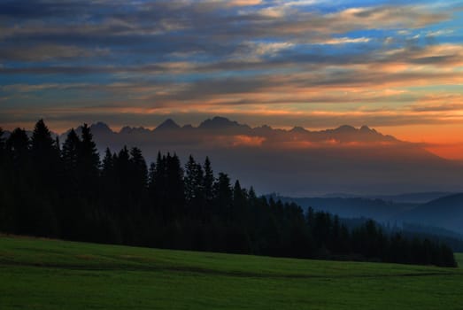 Beautiful sunset over the green meadow between two forest in Tatras, Slovakia