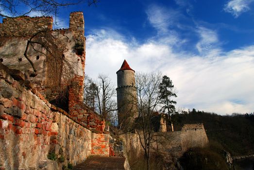 Medieval castle Zvikov in the Czech Republic with round tower and river 