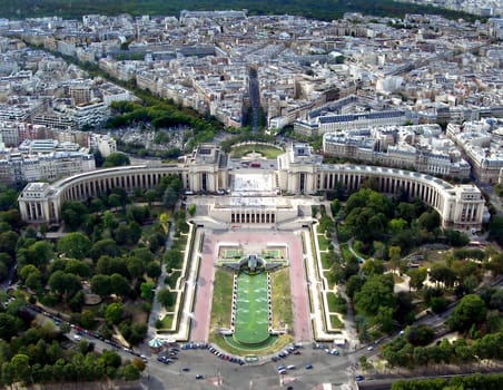 Palais de Chaillot (Trocadero) view from the Eiffel tower. Famous building with parks in Paris, France.