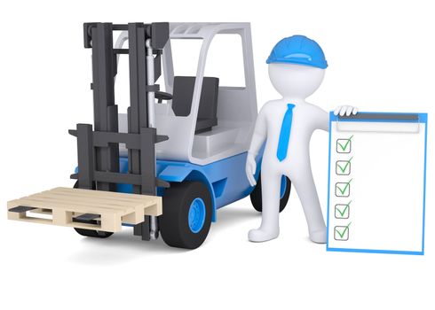 3d man in a hard hat next to the loader. Isolated render on a white background