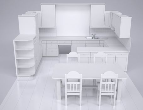 White kitchen. Render in the studio on a gray background