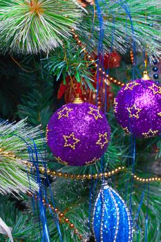 Christmas Tree Decorated with Bright Toys, closeup