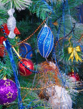 Christmas Tree Decorated with Bright Toys, closeup