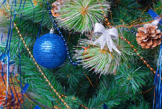 Christmas Tree Decorated with Bright Toys, closeup