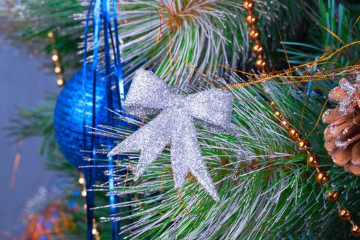 Christmas Tree Decorated with Bright Toys, closeup