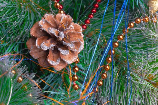 Christmas Tree Decorated with Bright Tinsel, closeup