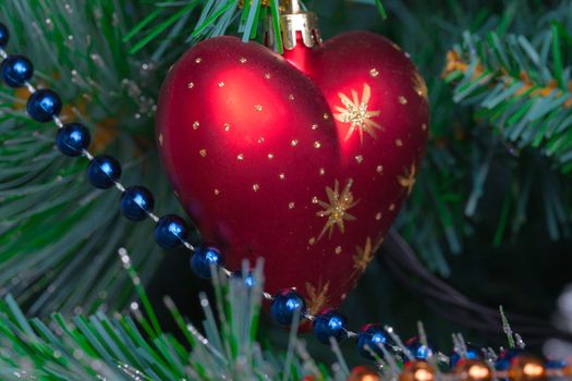 Christmas Tree Decorated with Bright Toys, closeup