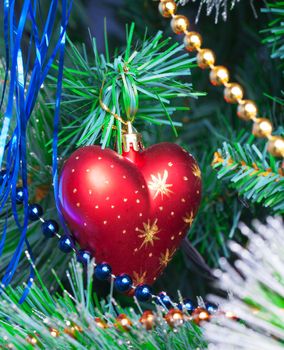 Christmas Tree Decorated with Bright Toys, closeup