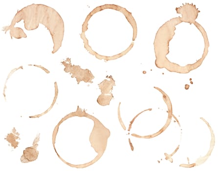 Collection of various brown coffee stains isolated on white.