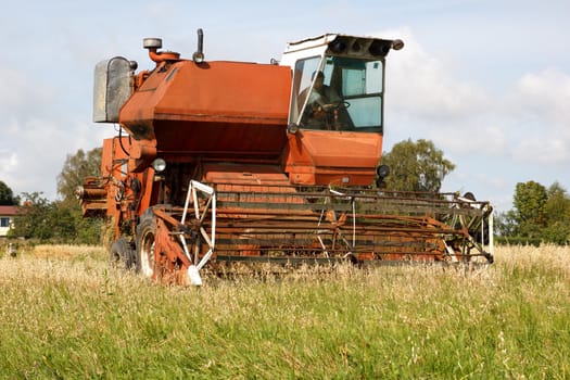 old grain harvester working on field