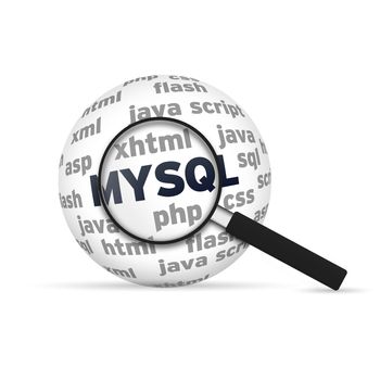 Mysql 3d Sphere with magnifying glass on white background.