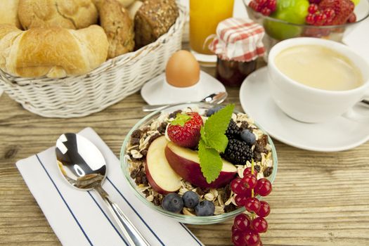 healthx breakfast with flakes and fruits in morning on wooden table