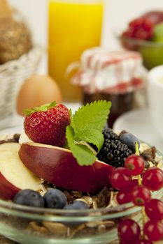 healthx breakfast with flakes and fruits in morning on wooden table