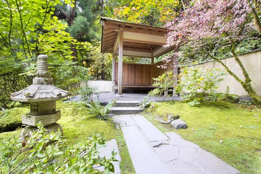 Japanese Garden Tea House Stone Path and Lantern