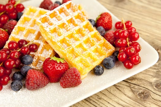 fresh tasty waffer with powder sugar and mixed fruits on wooden background