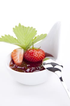 deliscious strawberry jam with fresh fruits for breakfast isolated on white background