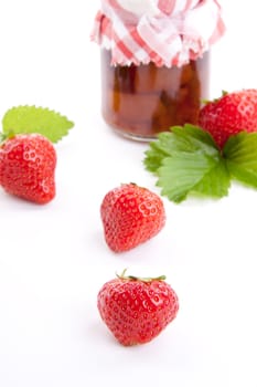 deliscious strawberry jam with fresh fruits for breakfast isolated on white background