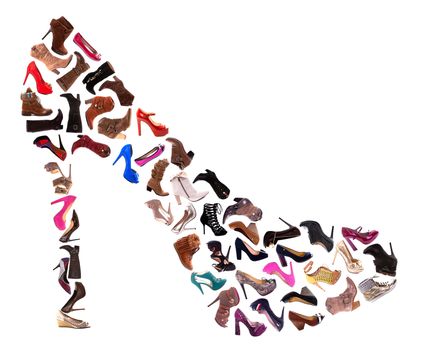 A collage of 30 ladies shoes, high heels, sandals and boots, isolated on a white background.