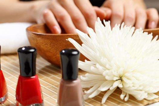 Young woman is getting manicure in a beauty salon