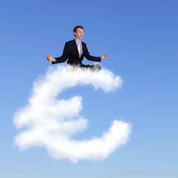 Businessman meditating sitting on the white cloud