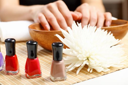 Young woman is getting manicure in a beauty salon