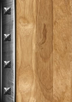 Wood and metal vintage background with old bolts and reflections

