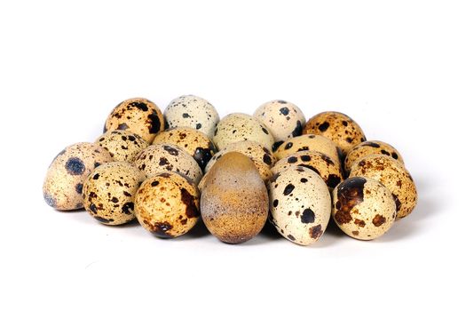 Bunch of whole quail eggs on white