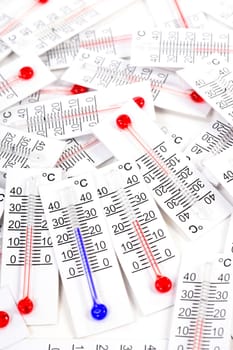 Macro view of mercurial thermometer on white background