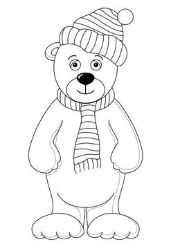 Teddy bear in cap and scarf, monochrome contours on white background