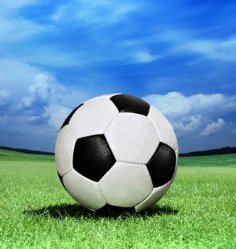 closeup soccer ball on green grass at sun day