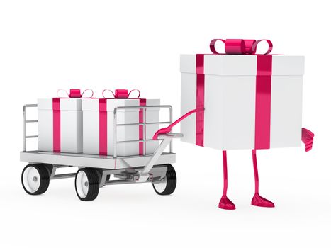 pink white gift box draws a trolley