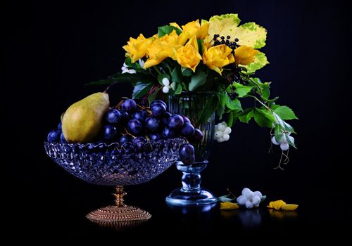 Still life with yellow roses and fruits