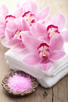 spa and bath with orchids