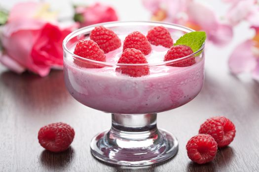 dessert with fresh raspberries 