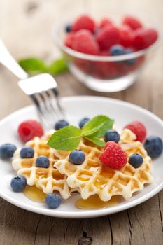 waffles with fresh berries and honey