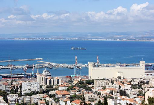 view of Haifa city, ships were at anchor in the waters of the port of Haifa, Israel, Mediterranean sea