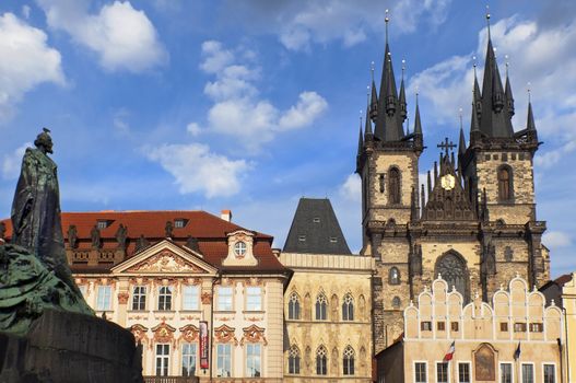 Old town square in Prague, Tyn Cathedral of the Virgin Mary and monument of Jan Hus. Czech Republic