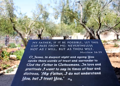marble slab with the words of the prayer of Jesus Christ before his arrest, Gethsemane, East Jerusalem