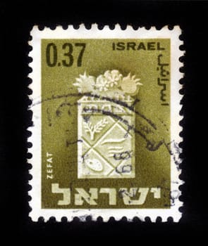 ISRAEL - CIRCA 1960: A stamp printed in Israel, shows coat of arms of Zefat ,  Israel, series , circa 1960