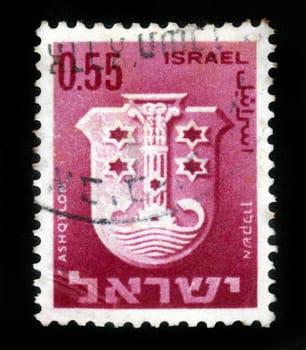 ISRAEL - CIRCA 1960: A stamp printed in Israel, shows coat of arms of Ashqelon,  Israel, series , circa 1960
