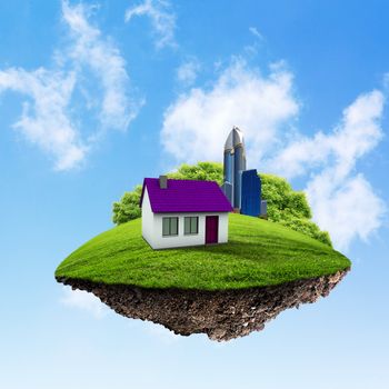 Little fine island / planet. A piece of land in the air. Lawn with house and tree. Pathway in the grass. Detailed ground in the base. Concept of success and happiness, idyllic ecological lifestyle