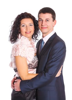 Sweet happy young couple smiling together. Isolated on white background