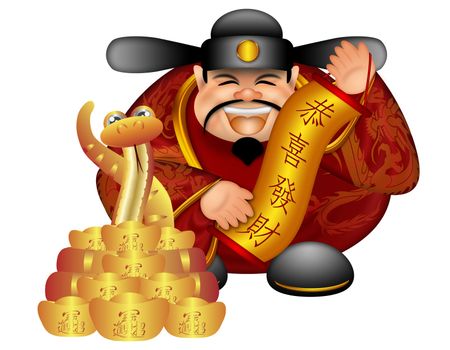 2013 Chinese Prosperity Money God Holding Scroll with Text Wishing Happiness and Wealth with Snake and Gold Bars Illustration