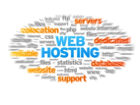 Web Hosting blurred tag cloud on white background.