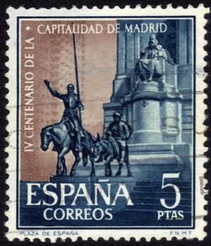 Spain, CIRCA 1961: stamp printed in Spain , showing Cervantes Memorial in Madrid , dedicated 400th Anniv of Madrid as a capital of Spain  , circa 1961