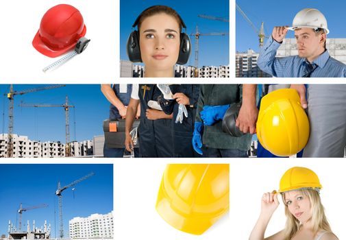 workers with equipment on building background sets