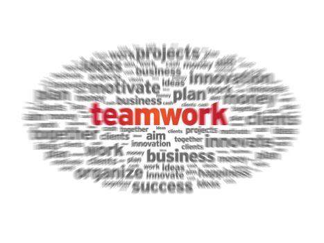 Blurred Teamwork word cloud on white background.